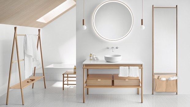 Badeinrichtung mit den Materialien Leder und Holz – die Serie Mya von Burgbad zeigt sich in einem natürlichen, modernen Look.